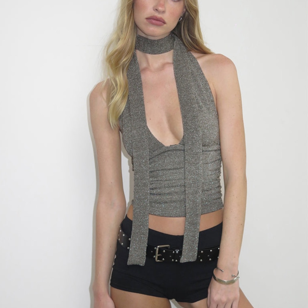 Motel Rocks Cosimo Halter Neck Top Glitter Knit Khaki Silver Green